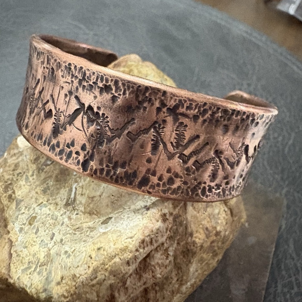 Men's Copper Mountains Wide Cuff Forest Trees Heavy Thick Handmade Bracelet